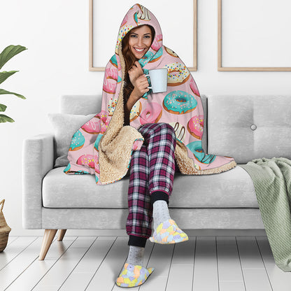 Cute Donut Pattern Print Hooded Blanket