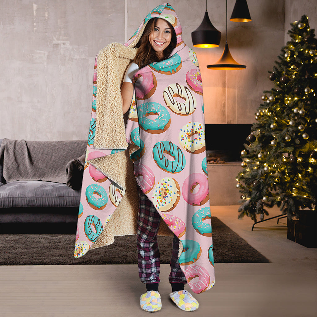 Cute Donut Pattern Print Hooded Blanket