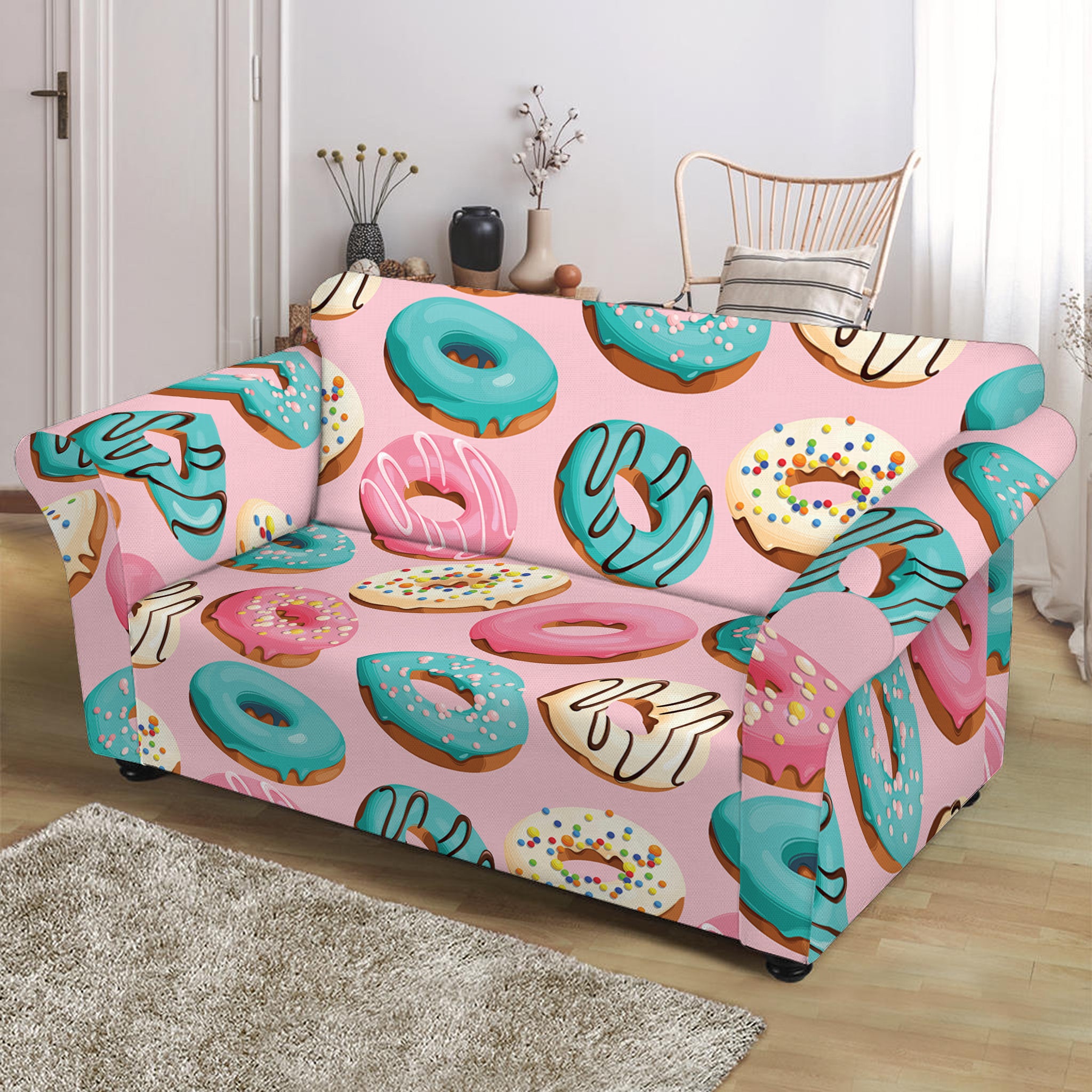 Cute Donut Pattern Print Loveseat Slipcover