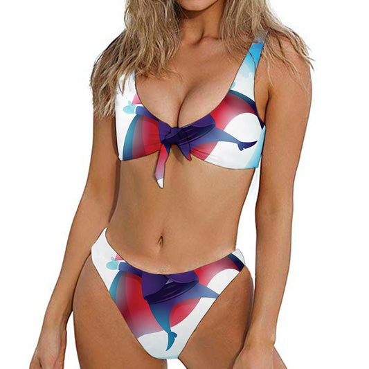 Cute Dracula Print Front Bow Tie Bikini