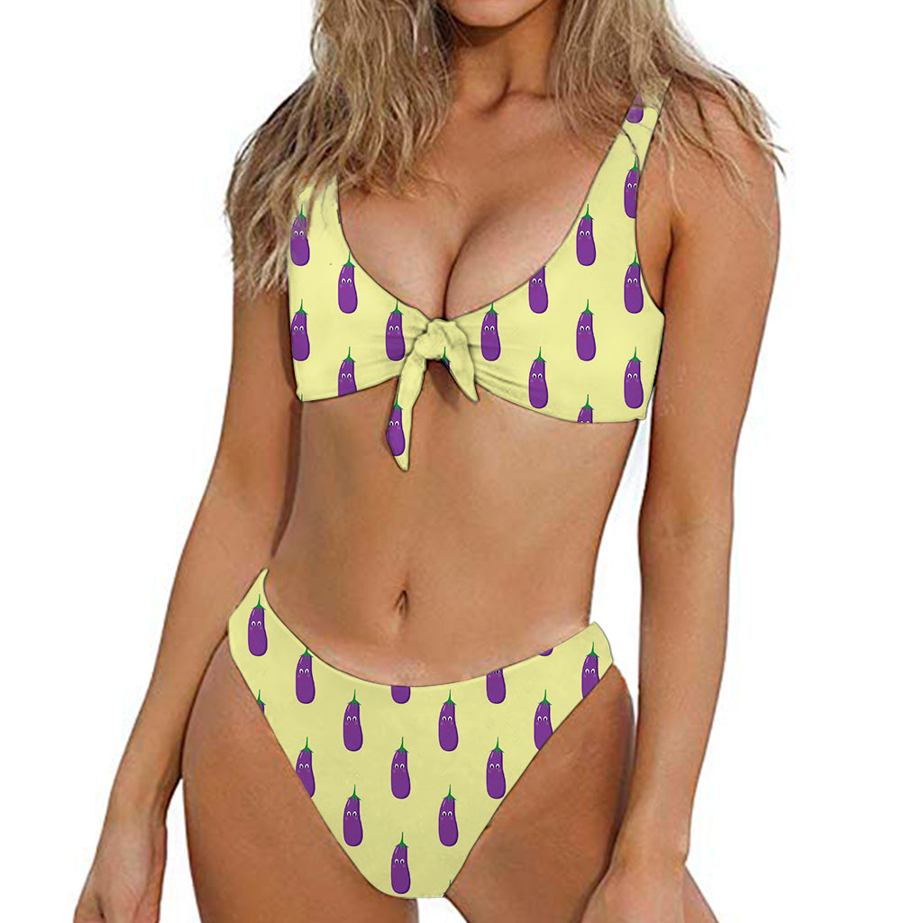 Cute Eggplant Pattern Print Front Bow Tie Bikini