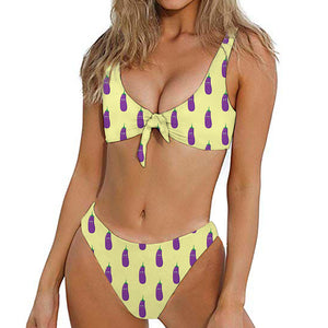 Cute Eggplant Pattern Print Front Bow Tie Bikini