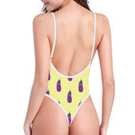 Cute Eggplant Pattern Print One Piece High Cut Swimsuit