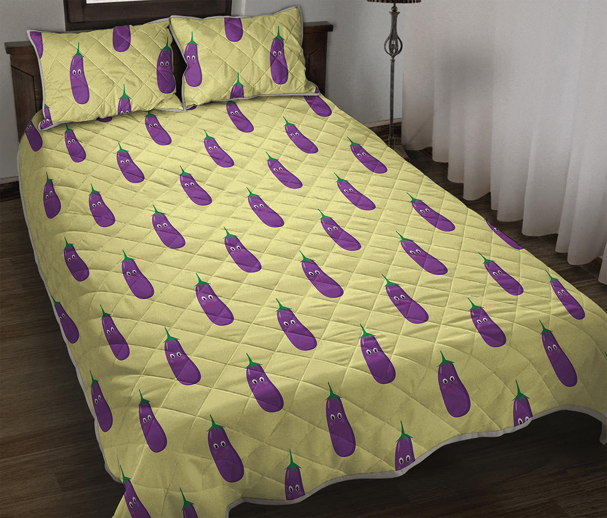 Cute Eggplant Pattern Print Quilt Bed Set