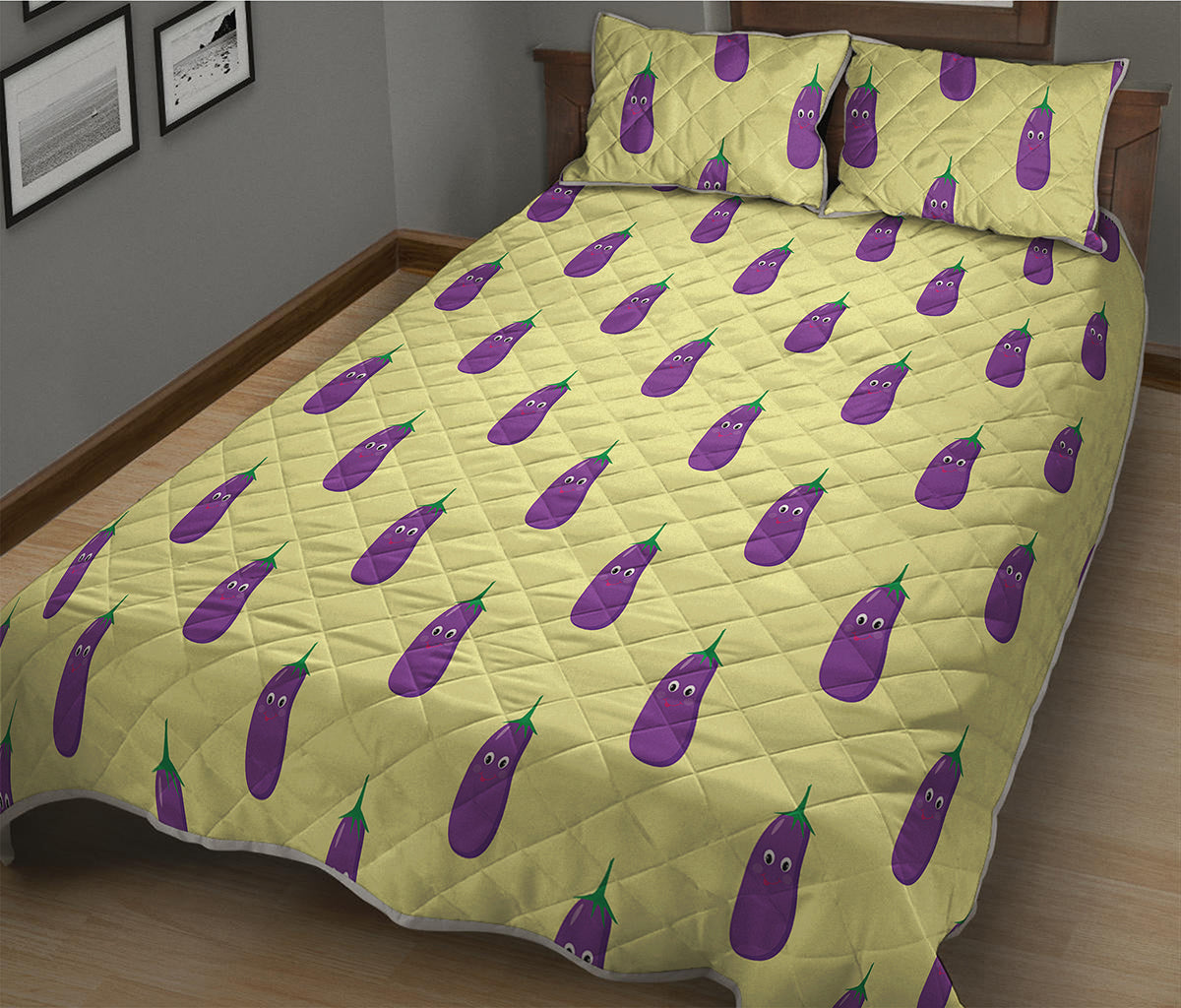 Cute Eggplant Pattern Print Quilt Bed Set