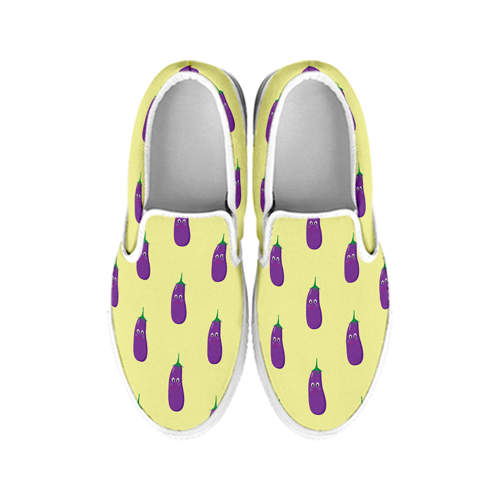 Cute Eggplant Pattern Print White Slip On Shoes