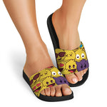 Cute Emoji Pattern Print Black Slide Sandals