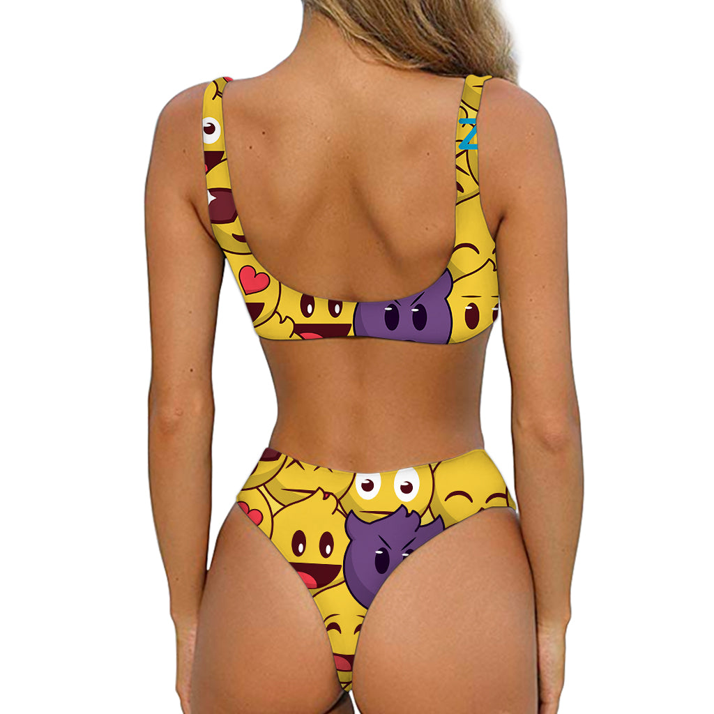 Cute Emoji Pattern Print Front Bow Tie Bikini