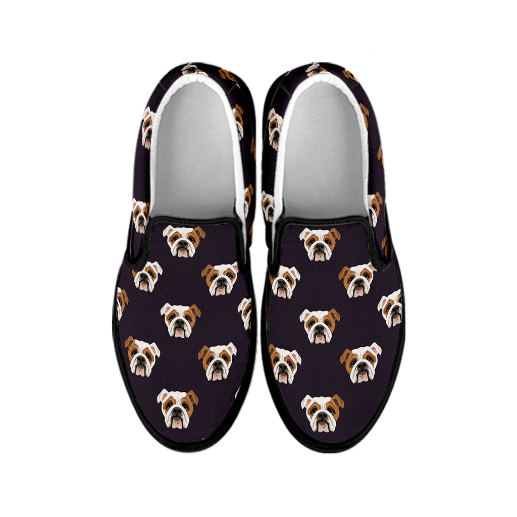 Cute English Bulldog Pattern Print Black Slip On Shoes