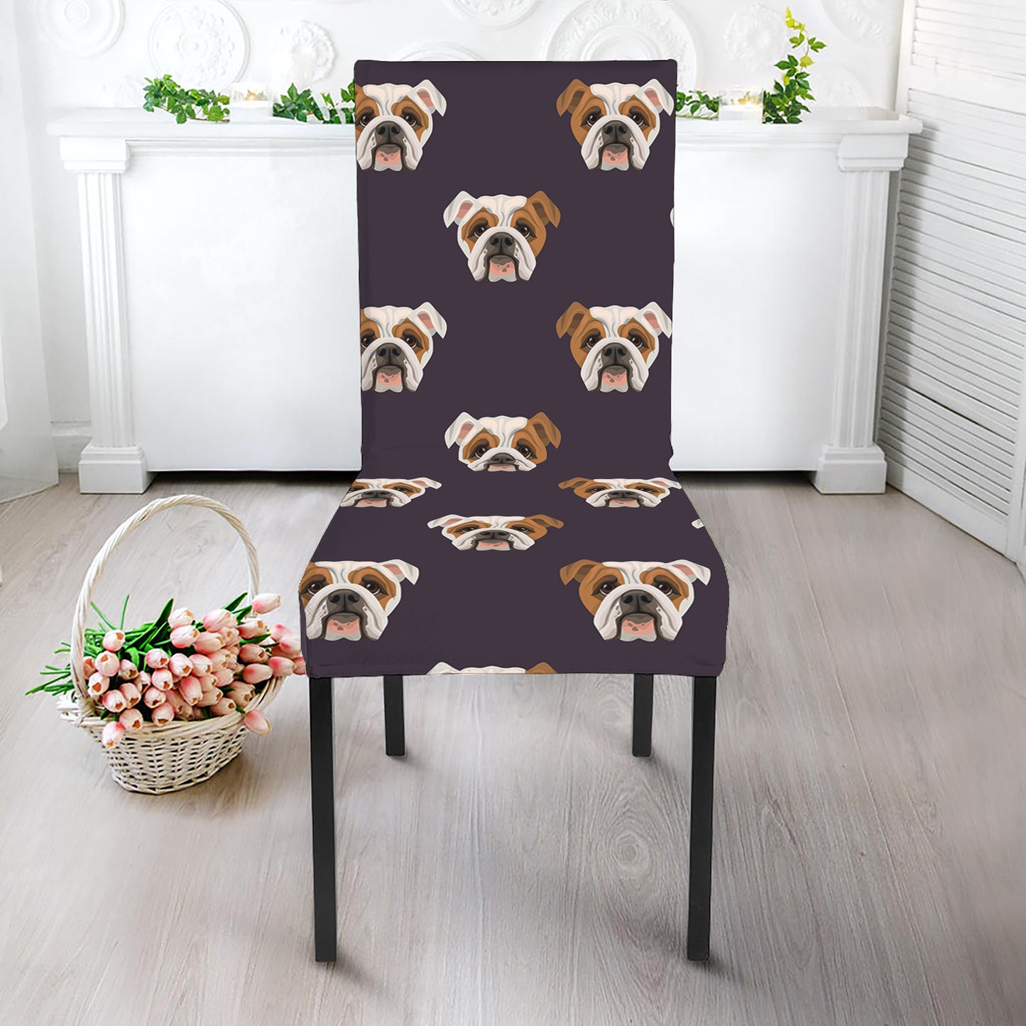 Cute English Bulldog Pattern Print Dining Chair Slipcover