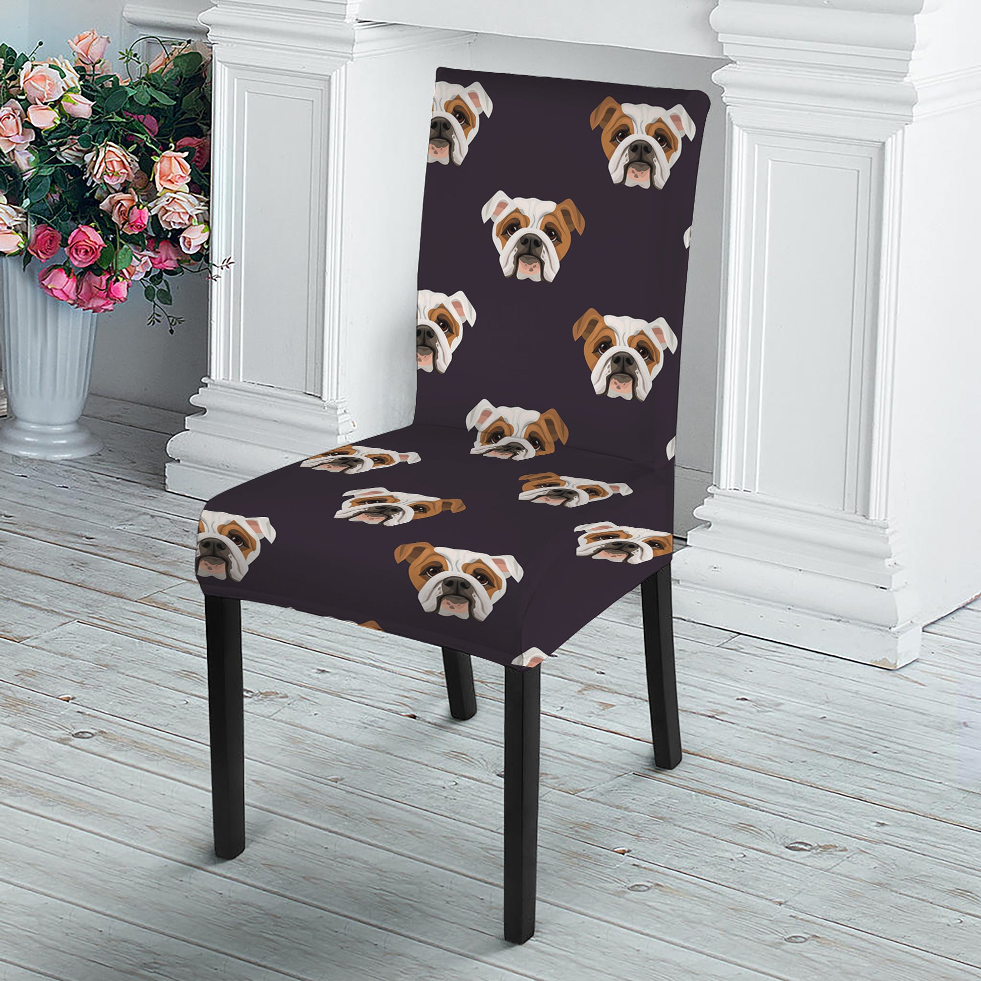 Cute English Bulldog Pattern Print Dining Chair Slipcover