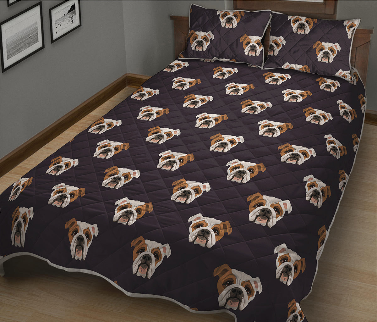 Cute English Bulldog Pattern Print Quilt Bed Set