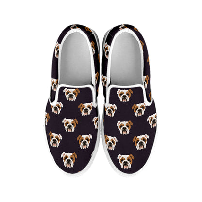 Cute English Bulldog Pattern Print White Slip On Shoes