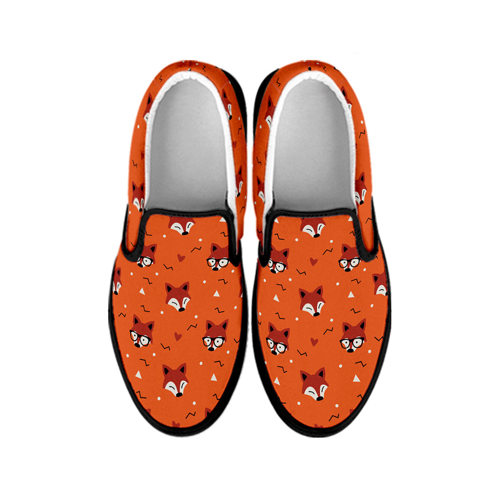 Cute Fox Pattern Print Black Slip On Shoes