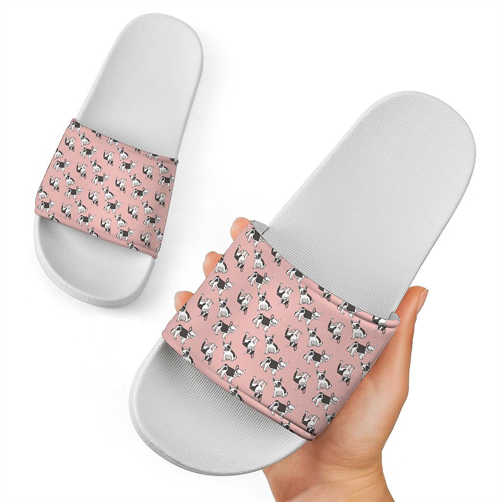 Cute French Bulldog Puppy Pattern Print White Slide Sandals