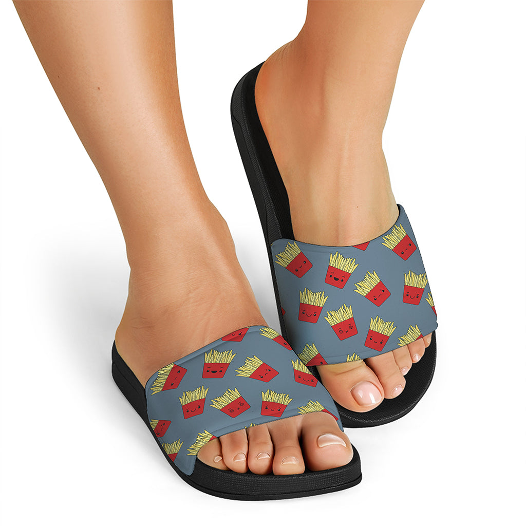 Cute French Fries Pattern Print Black Slide Sandals