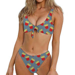 Cute French Fries Pattern Print Front Bow Tie Bikini