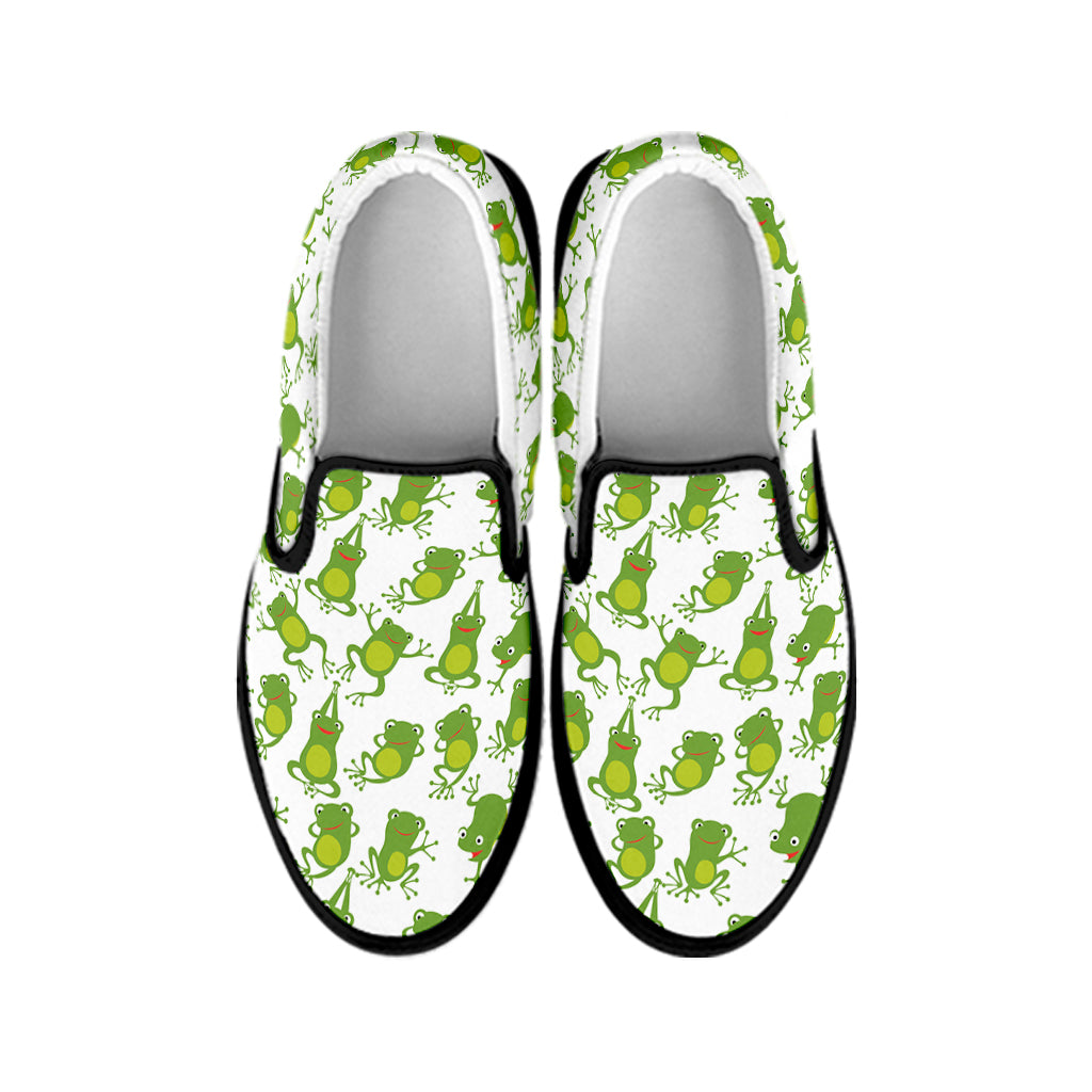 Cute Frog Pattern Print Black Slip On Shoes