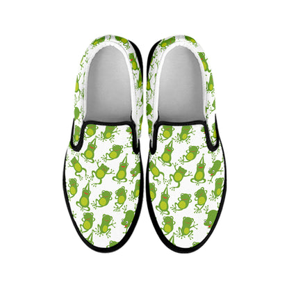 Cute Frog Pattern Print Black Slip On Shoes