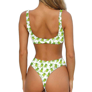 Cute Frog Pattern Print Front Bow Tie Bikini