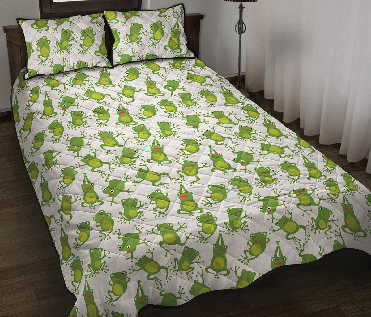 Cute Frog Pattern Print Quilt Bed Set