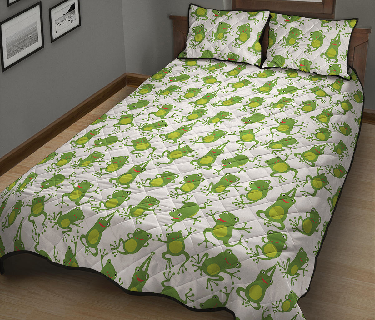 Cute Frog Pattern Print Quilt Bed Set