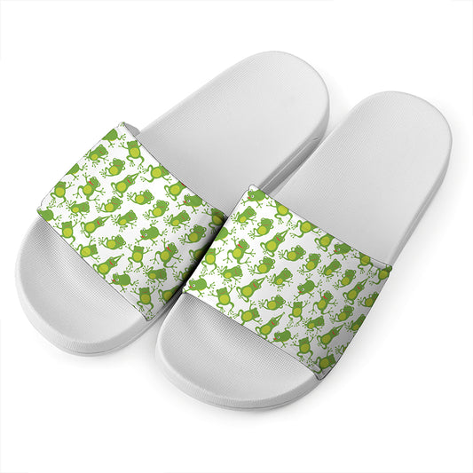 Cute Frog Pattern Print White Slide Sandals