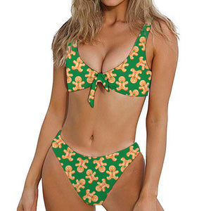 Cute Gingerbread Man Pattern Print Front Bow Tie Bikini