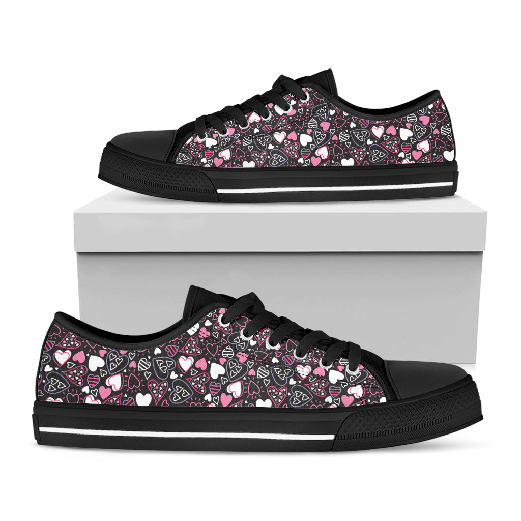 Cute Girly Heart Pattern Print Black Low Top Shoes