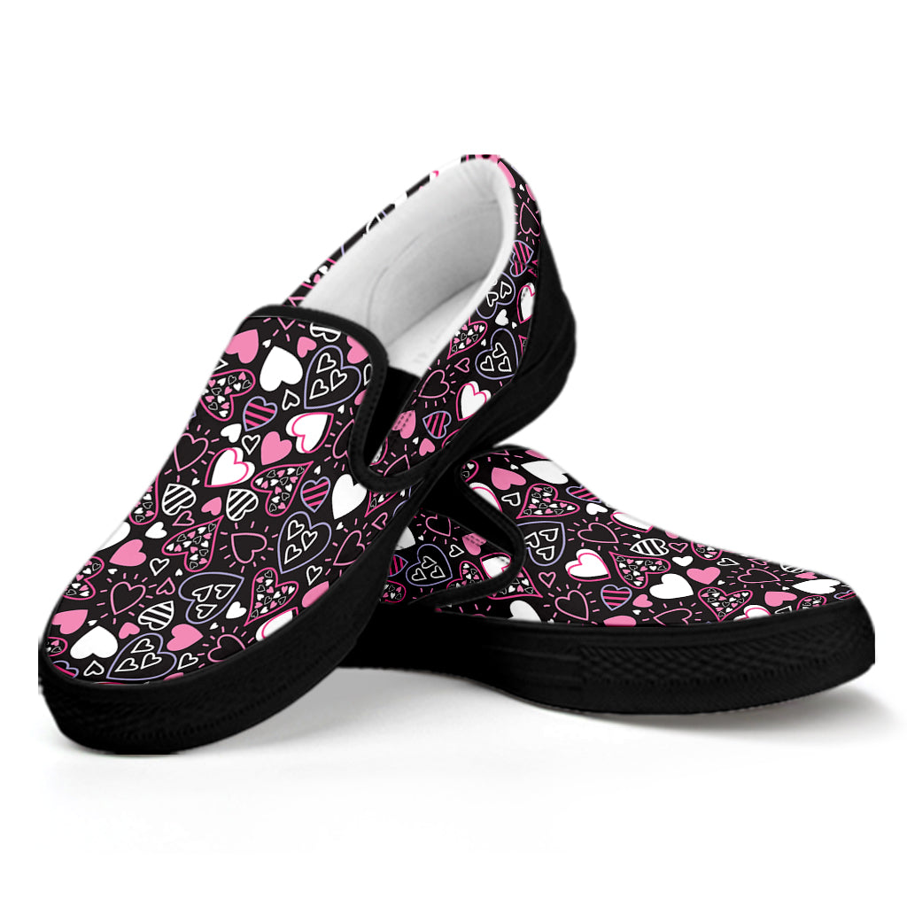 Cute Girly Heart Pattern Print Black Slip On Shoes