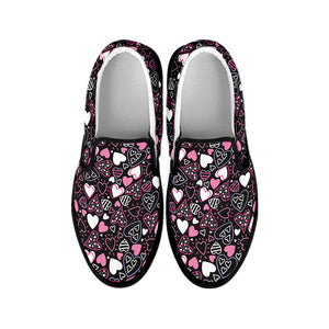 Cute Girly Heart Pattern Print Black Slip On Shoes