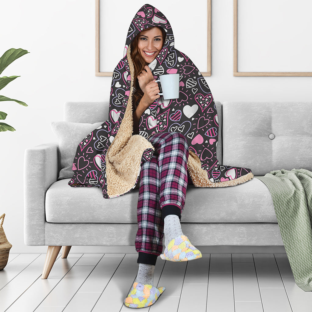 Cute Girly Heart Pattern Print Hooded Blanket