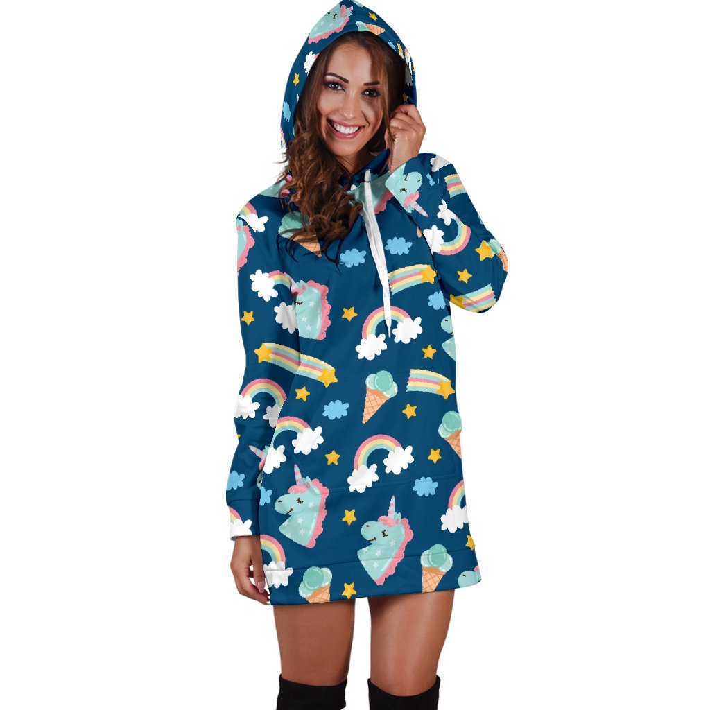 Cute Girly Unicorn Pattern Print Hoodie Dress GearFrost