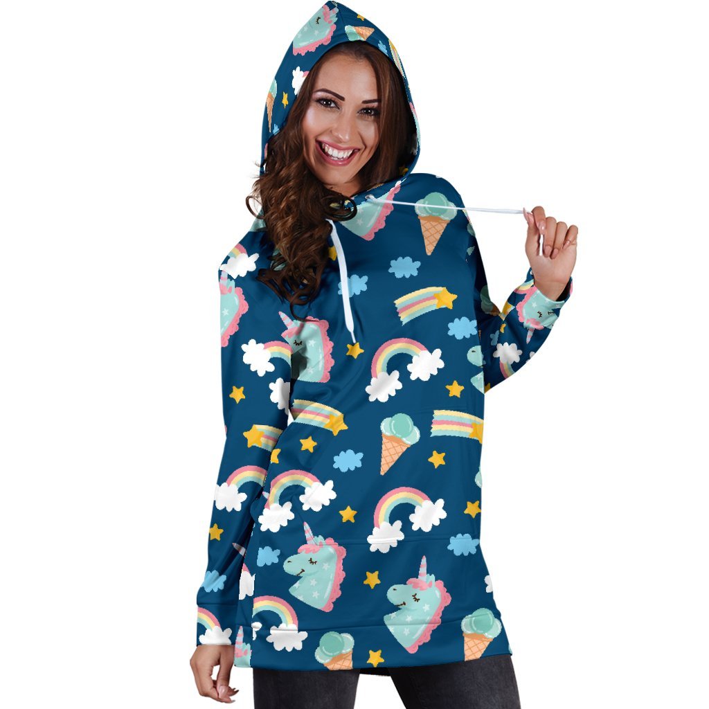 Cute Girly Unicorn Pattern Print Hoodie Dress GearFrost