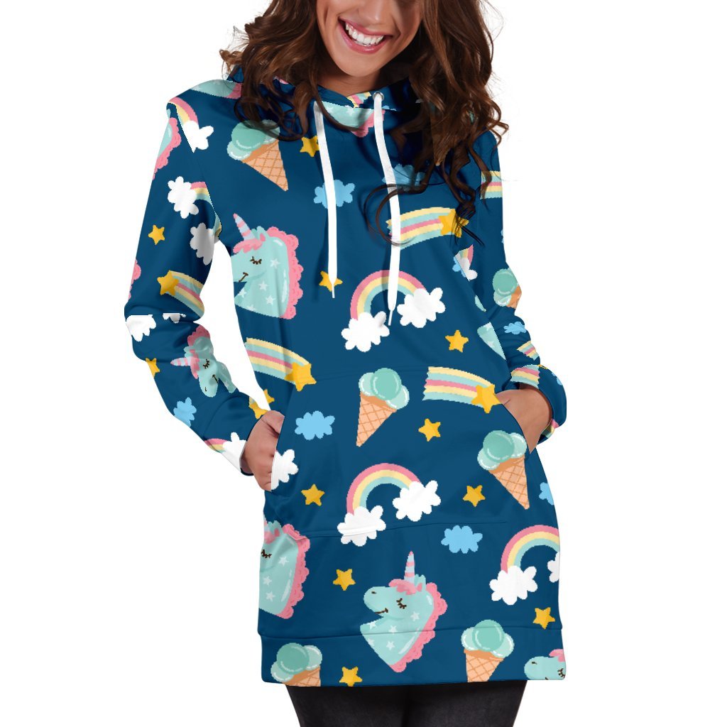 Cute Girly Unicorn Pattern Print Hoodie Dress GearFrost