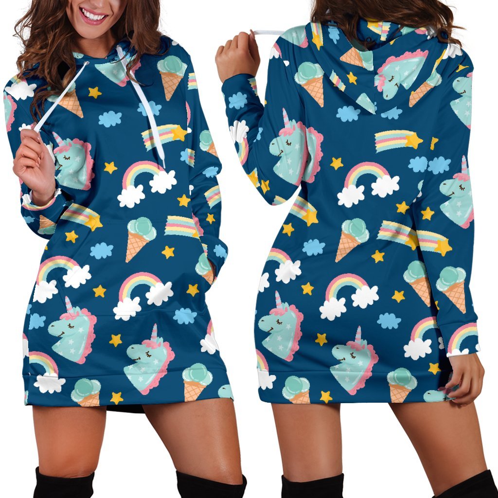 Cute Girly Unicorn Pattern Print Hoodie Dress GearFrost