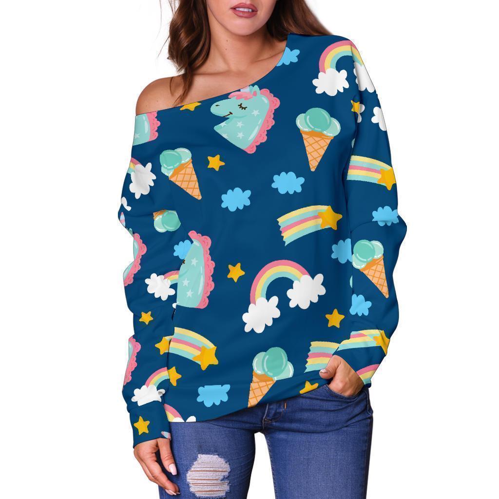 Cute Girly Unicorn Pattern Print Off Shoulder Sweatshirt GearFrost