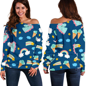 Cute Girly Unicorn Pattern Print Off Shoulder Sweatshirt GearFrost