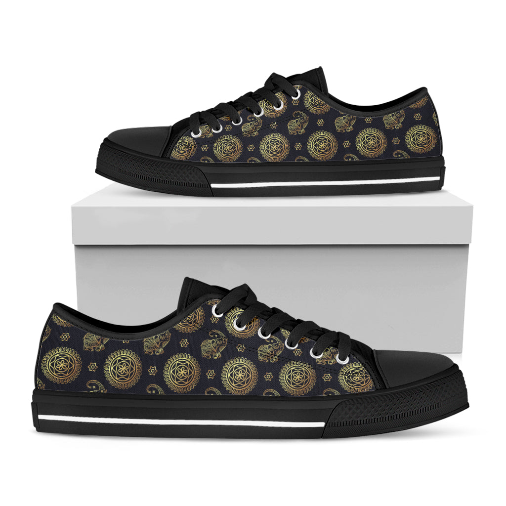 Cute Gold Boho Elephant Pattern Print Black Low Top Shoes