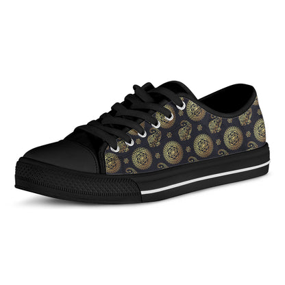 Cute Gold Boho Elephant Pattern Print Black Low Top Shoes