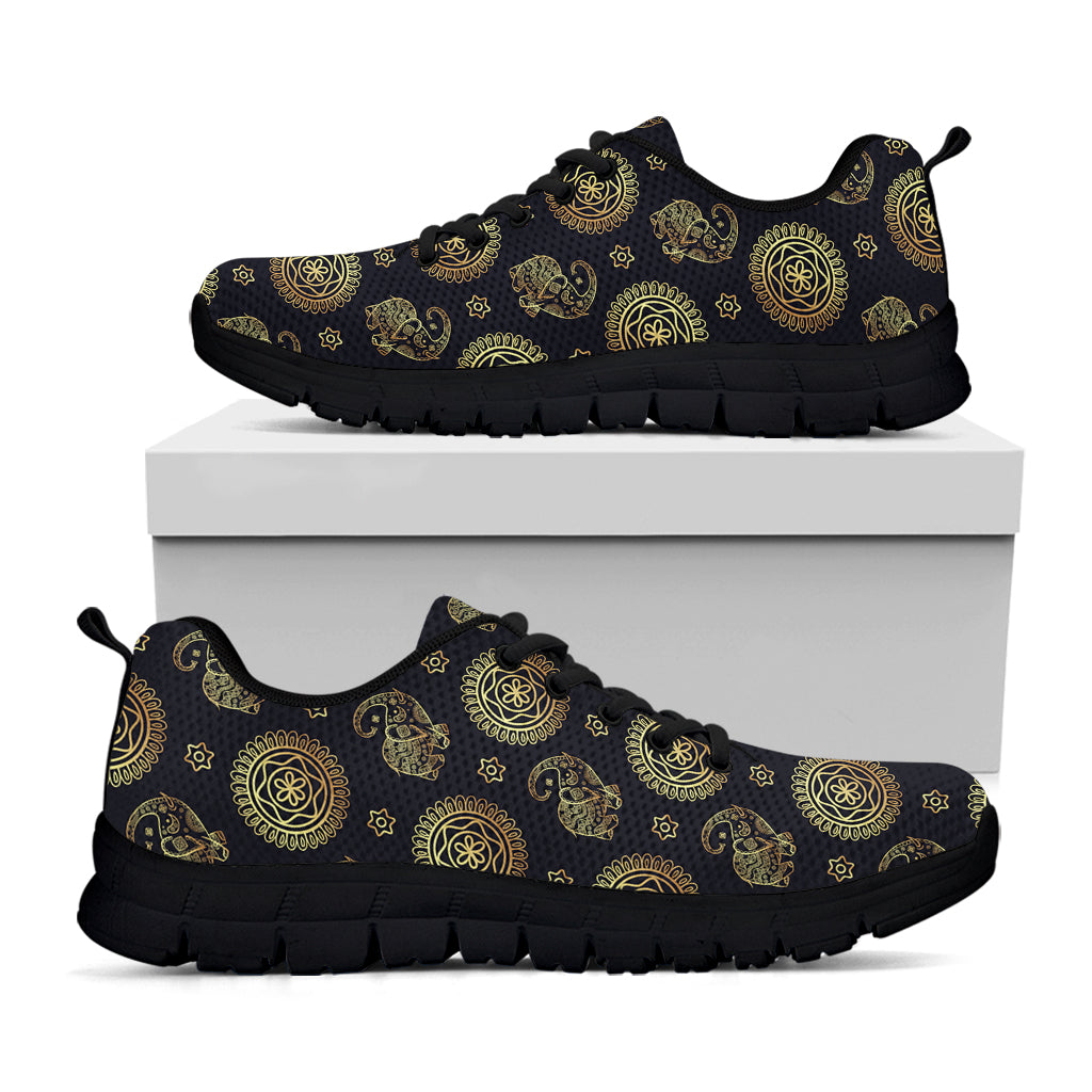 Cute Gold Boho Elephant Pattern Print Black Sneakers