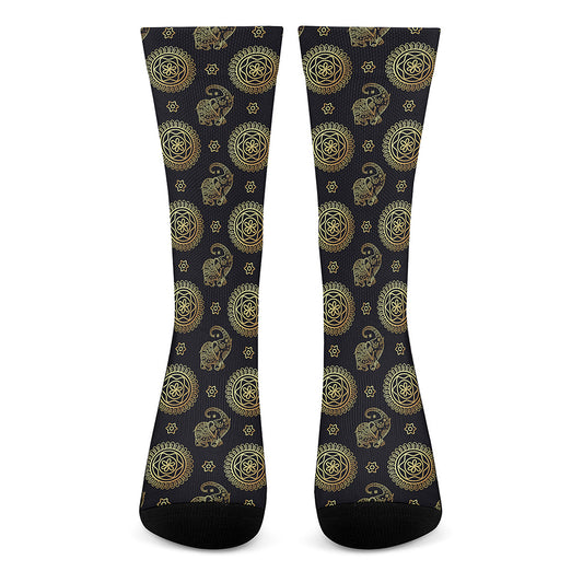 Cute Gold Boho Elephant Pattern Print Crew Socks