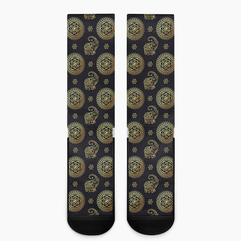 Cute Gold Boho Elephant Pattern Print Crew Socks