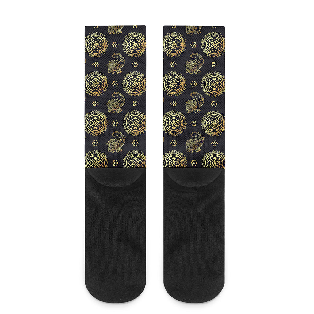 Cute Gold Boho Elephant Pattern Print Crew Socks