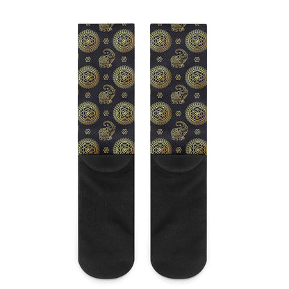 Cute Gold Boho Elephant Pattern Print Crew Socks