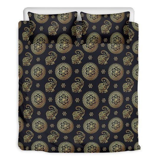 Cute Gold Boho Elephant Pattern Print Duvet Cover Bedding Set