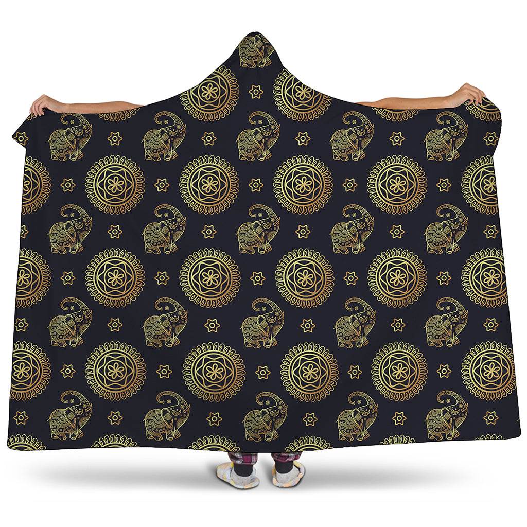 Cute Gold Boho Elephant Pattern Print Hooded Blanket