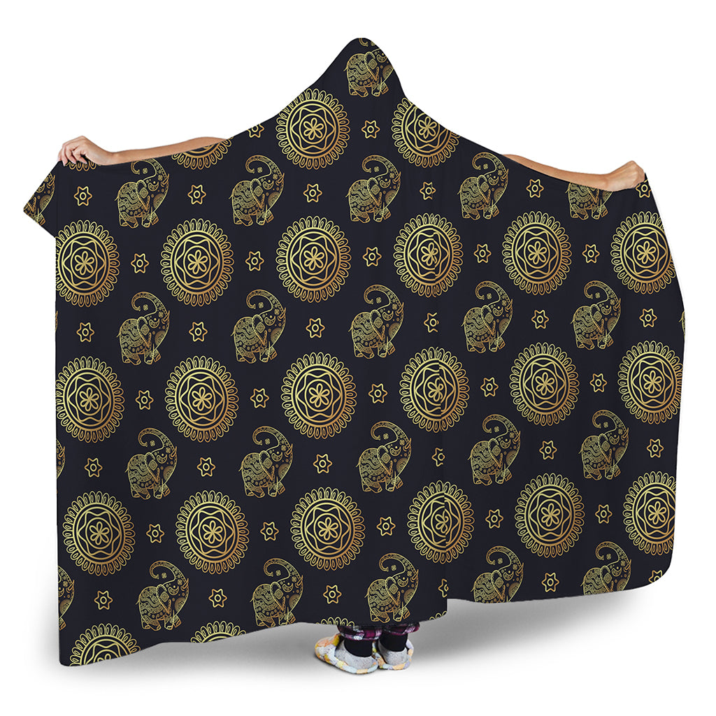 Cute Gold Boho Elephant Pattern Print Hooded Blanket