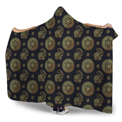 Cute Gold Boho Elephant Pattern Print Hooded Blanket