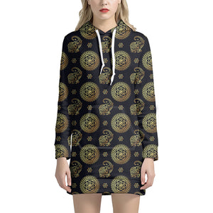 Cute Gold Boho Elephant Pattern Print Hoodie Dress